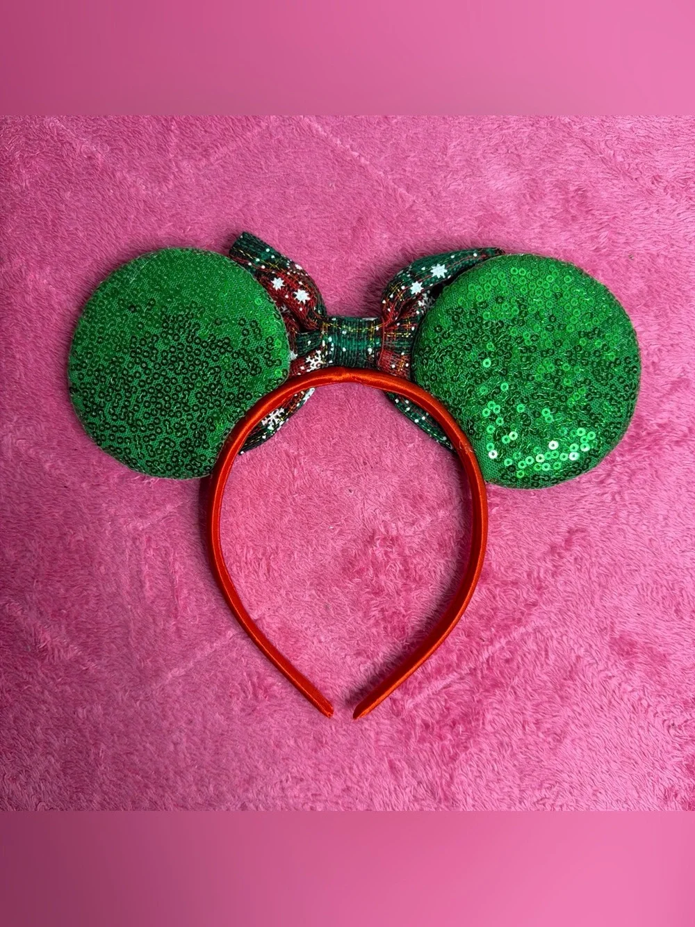 Holiday Sequin Mouse Ear Headband with Plaid Bow - Green & Red